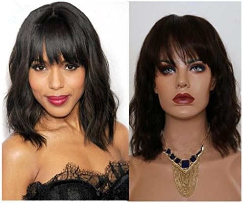 Lace Front Human Hair Wigs with Bangs Natural Wave Glueless Human Hair Wigs Short Bob wig Human Hair Lace Wigs Natural Wavy for Black Women (16", natural black(1b))