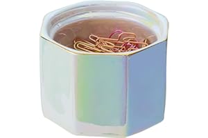 YOSCO Paper Clip Holder Ceramic Octagon Marbling Paper Clip Dispenser for Desk Paper Clip Organizer Office Binder Clip Holder (Pearl)