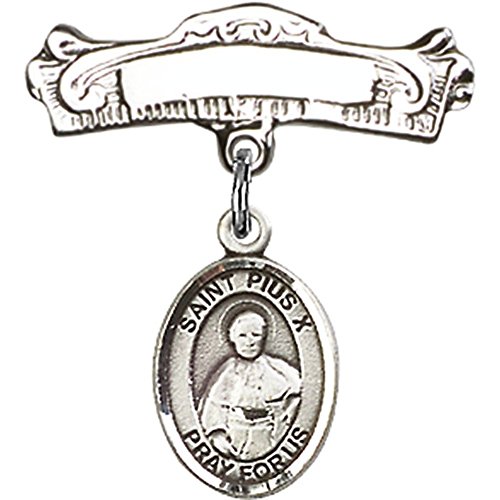 Sterling Silver Baby Badge with St. Pius X Charm and Arched Polished Badge Pin 7/8 X 7/8 inches