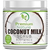 Coconut Milk Exfoliating Body Scrub - Natural Coconut Oil Skin Exfoliator for Face Hand Lip & Body with Sea Salt & Shea Butter, Acne & Eczema Treatment, Stretch Mark Scar & Cellulite Remover