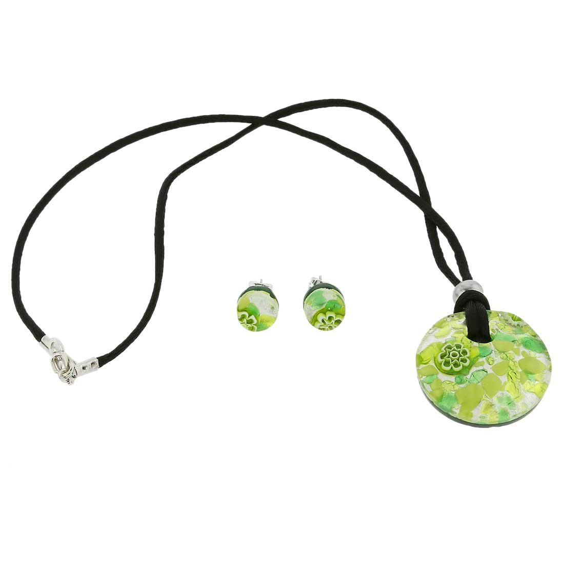 Glass Of Venice Murano Glass Venetian Reflections Round Necklace and Earrings Set - Green Silver