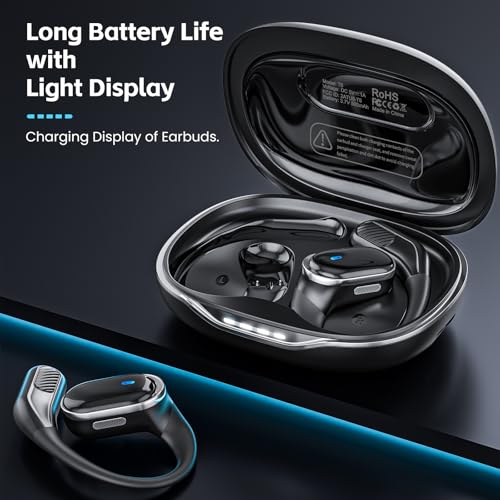 Open Ear Wireless Earbuds Bluetooth Headphones, 80H Playtime Stereo Ear Buds with ENC Noise Cancelling, Fast Charging, IPX7 Waterproof Sports Earphones with Earhook for Running/Workouts (Black)