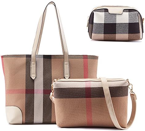 Celaine Womens Handbags Trendy Plaid Faux Leather Elbow Shoulder Bag - Purse, Makeup Bag, Tote, 3-in-1 Set, white