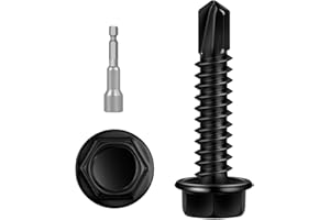 KVOHLUM 60 PCS #14 x 1-1/4" Sheet Metal Screws, Black Hex Washer Head Self Drilling Screw, Flanged Self Tapping Screws, 410 Stainless Steel, Hex Bit Socket Included