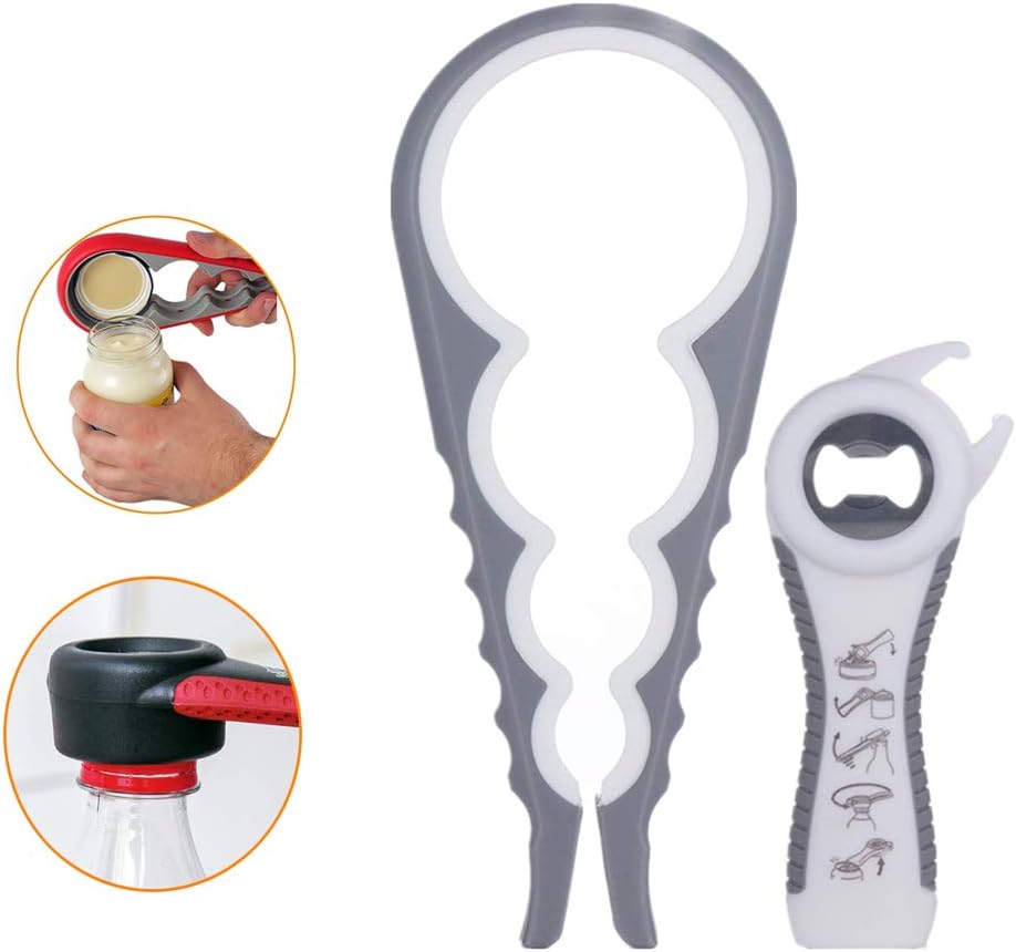 2 Pack Jar Opener 5 in 1 and 4 in 1 Bottle Opener Twist Easy Grip Can Opener Quick Opening for Elderly,Children and Arthritis Sufferers to Open Various Jars Cans,Wine,Beer (White+Gray 2Pcs)