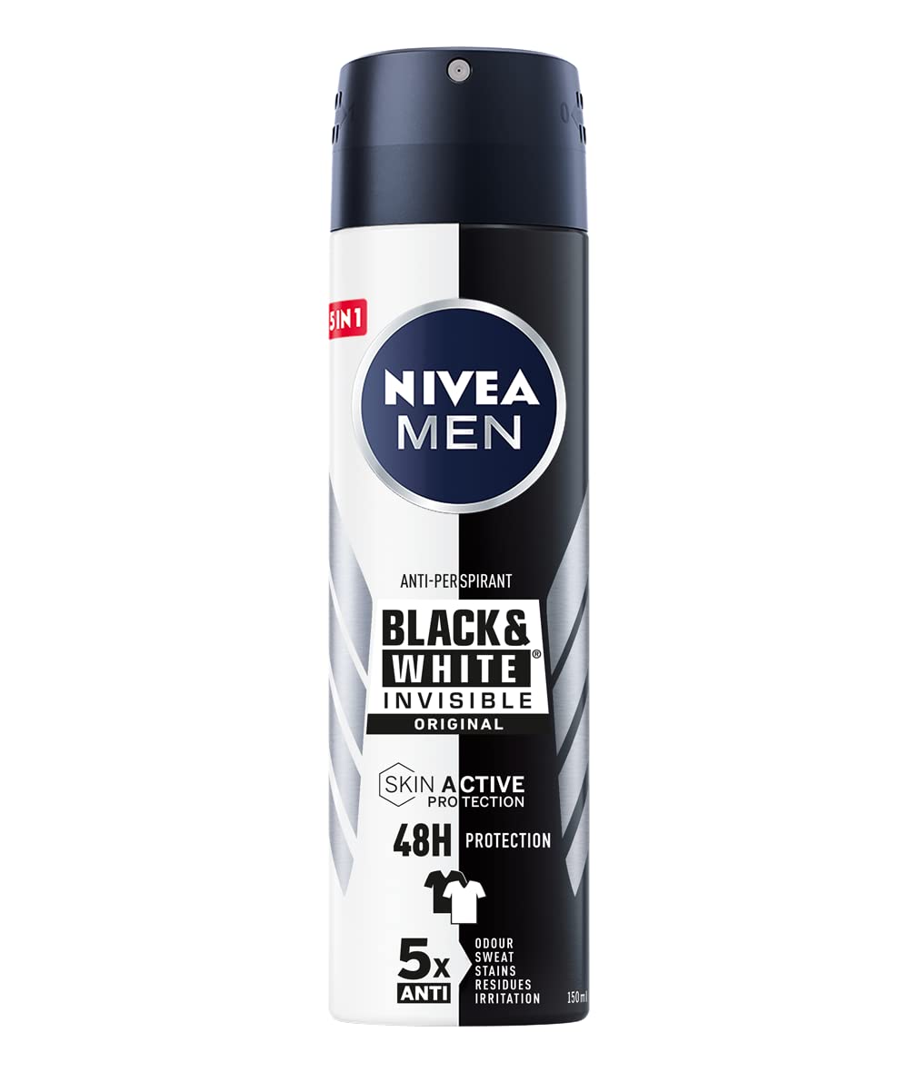 NIVEA Men Black & White Invisible Original Spray 6 x 150 ml, Men's Deodorant 72h, Deodorant Antiperspirant Spray Against Odours, Sweat, Residues, Irritations and Stains on Light and Dark Fabrics