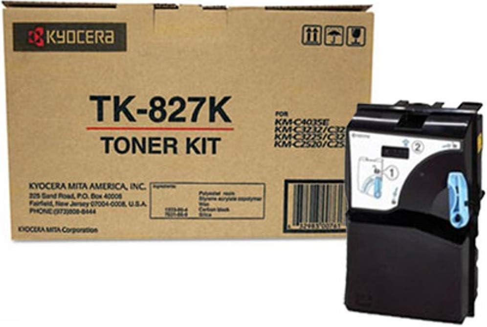 Kyocera 1T02FZ0US0 Model TK-827K Black Toner Cartridge For use with Kyocera KM-C2520, KM-C2525, KM-C2525E, KM-C3225, KM-C3225E, KM-C3232, KM-C3232E, KM-C4035 and KM-C4035E Multifunction Printers