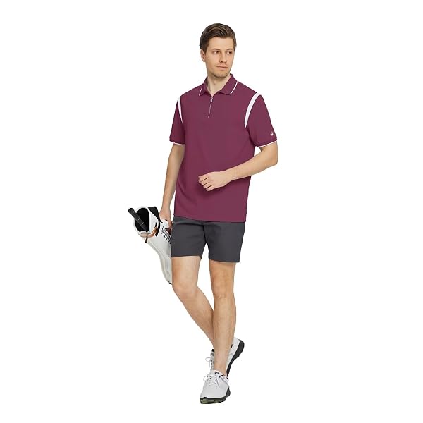ROUEN GOLF SHIRTS FOR MEN DRY FIT SHORT SLEEVE CASUAL LIGHTWEIGHT MOISTURE WICKING SOLID ZIPPER MEN’S POLO SHIRTS BORDEAUX