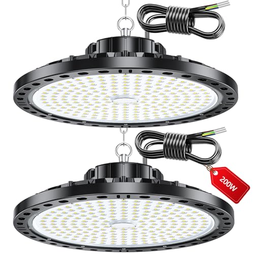 UFO LED Spotlight – 2 Pieces 200 W 20000 LM UFO Industrial Workshop Lamp with LED Transformer, IP65 Waterproof 6500 K Cool White Garage Lamp for Factory, Workshop, Barn, Shop