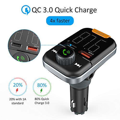 FM Transmitter with Bass Booster, Bluetooth 5.0 FM Transmitter Wireless Radio Adapter, FM Transmitter QC3.0