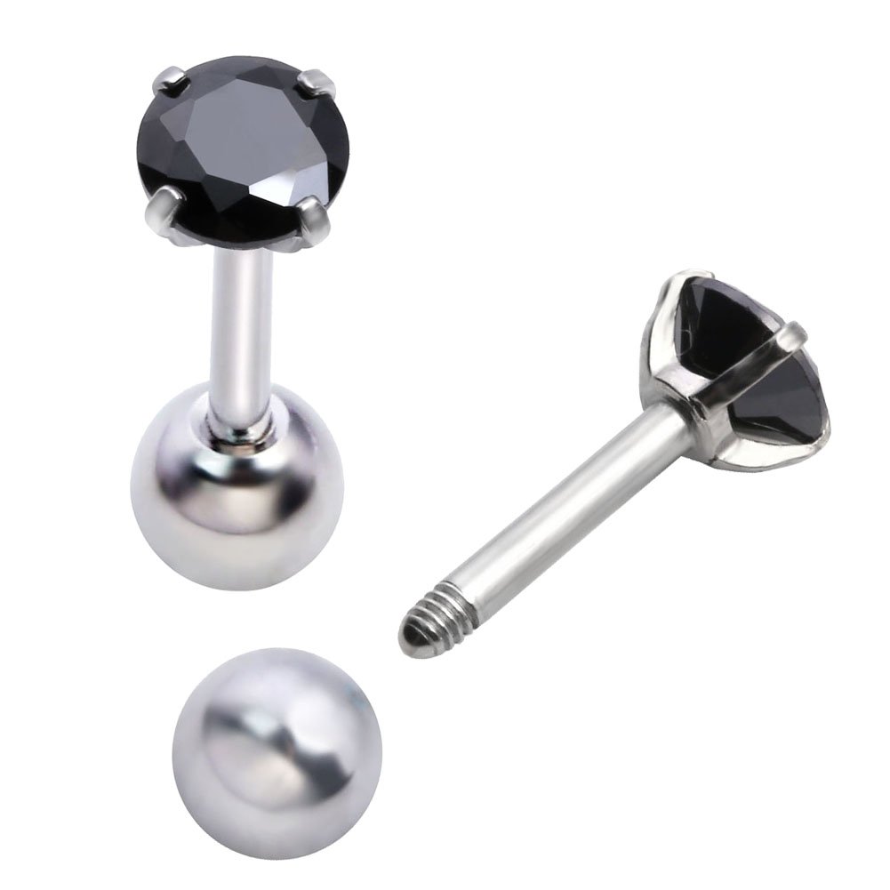 Zysta Black Ear Piercing Set Stainless Steel Tragus Helix Cartilage Nose Septum Industrial Studs Barbell Horseshoe Hoop Ring Cubic Zirconia