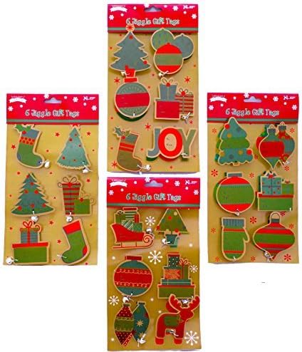 Christmas Gift Tags - 24 Ct Kraft Jiggle Sticker Tags with Bells- Assortment Of Holiday Designs Santa, Stockings Christmas Trees, Ornaments Sled All with Little Bells - Just Peel and Stick Adhesive