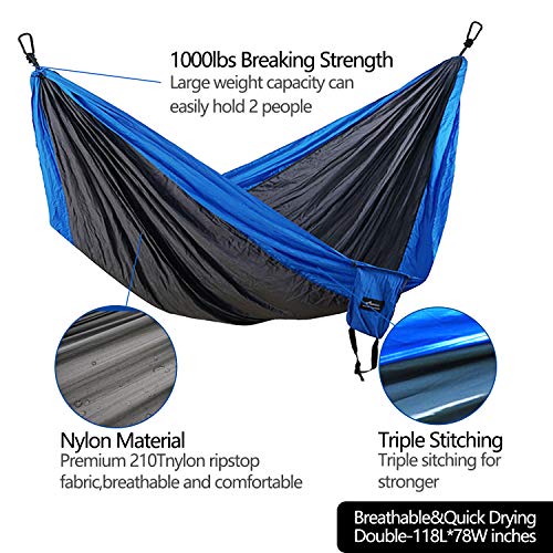 Geezo Double Camping Hammock, Lightweight Portable Parachute (2 Tree Straps 16 LOOPS/10 FT Included) 500lbs Capacity Hammock for Backpacking, Camping, Travel, Beach, Garden
