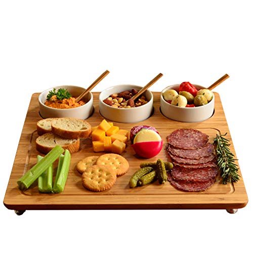 Picnic at Ascot Bamboo Cheese Board/Charcuterie Platter Includes 3 Ceramic Bowls with Bamboo
