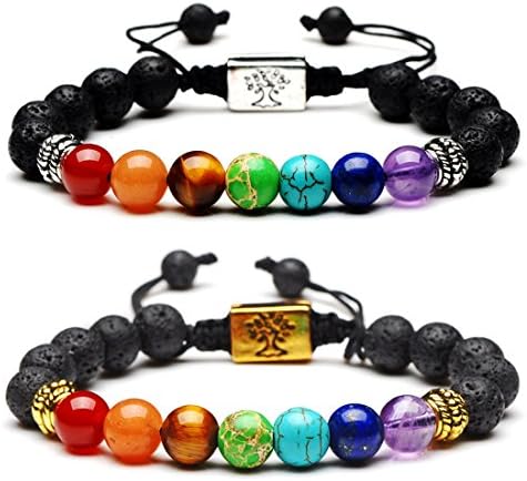 Men Women 8mm Lava Rock 7 Chakras Beads Bracelet Adjustable Braided Rope Natural Gemstone Bangle