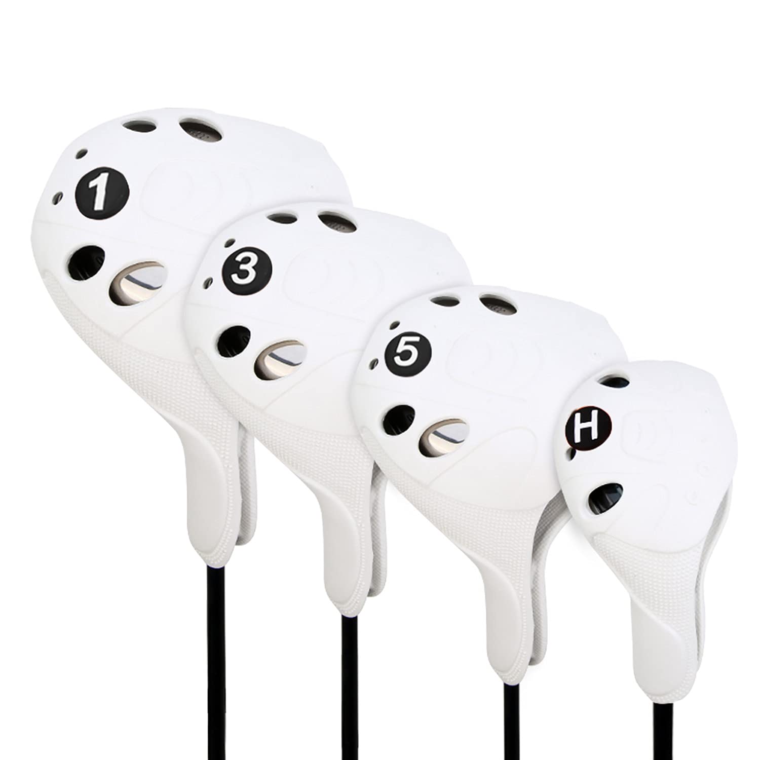 PGM Golf Club Covers, 4pcs Drivers Fairway Woods Hybrid Golf Head Covers with Number, Fit Oversized Right Handed Brands, Easy on Off, Washable (White 4pcs Set)