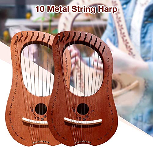 Leiyini Mahogany Lyre Harp 10 Metal String Harp Portable Small Harp with Durable Steel Strings Wood String Musical Instrument