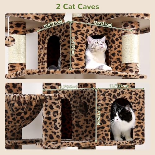 Globlazer Leopard Cat Tree XXL 209 cm with 3 Padded Perches, 2 Niches, Large Platforms, 2 Baskets, Plush Toys, Huge, Stable Cat Trees for 3-5 Cats Indoor (F82, Leopard)
