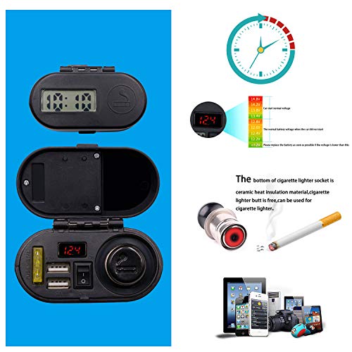BlueFire 5V/3A Dual USB Charger Socket Waterproof Motorcycle Handlebar & Rear View Mirror Clamp Power Adapter Charger with Cigarette Lighter Socket, Clock and Voltmeter for Phones/Tablets/GPS