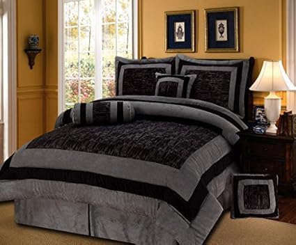 Amazon Com 7 Pieces Black Grey Short Fur With Suede Comforter Set