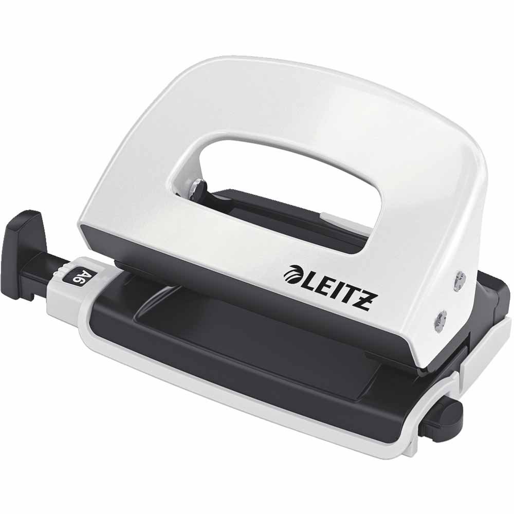 Leitz Mini Hole Punch, 10 Sheets, Guide Bar with Format Markings, Metal, WOW Range, 50602001 - Pearl White