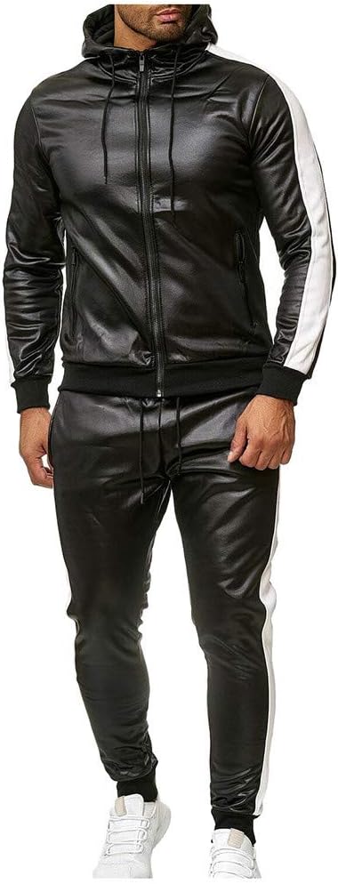 SPE969 Men's Jogger 2 Pc PU Leather Tracksuit,Hoodie Patchwork Sweatshirt Leather Top Pants Sets Sports Suit Tracksuit