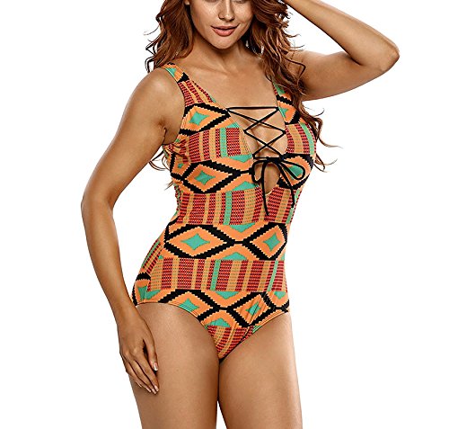 Mycherish Women Criss Cross Lace up Color Block Swimsuit Swimwear Bikini Bodysuit Small Orange