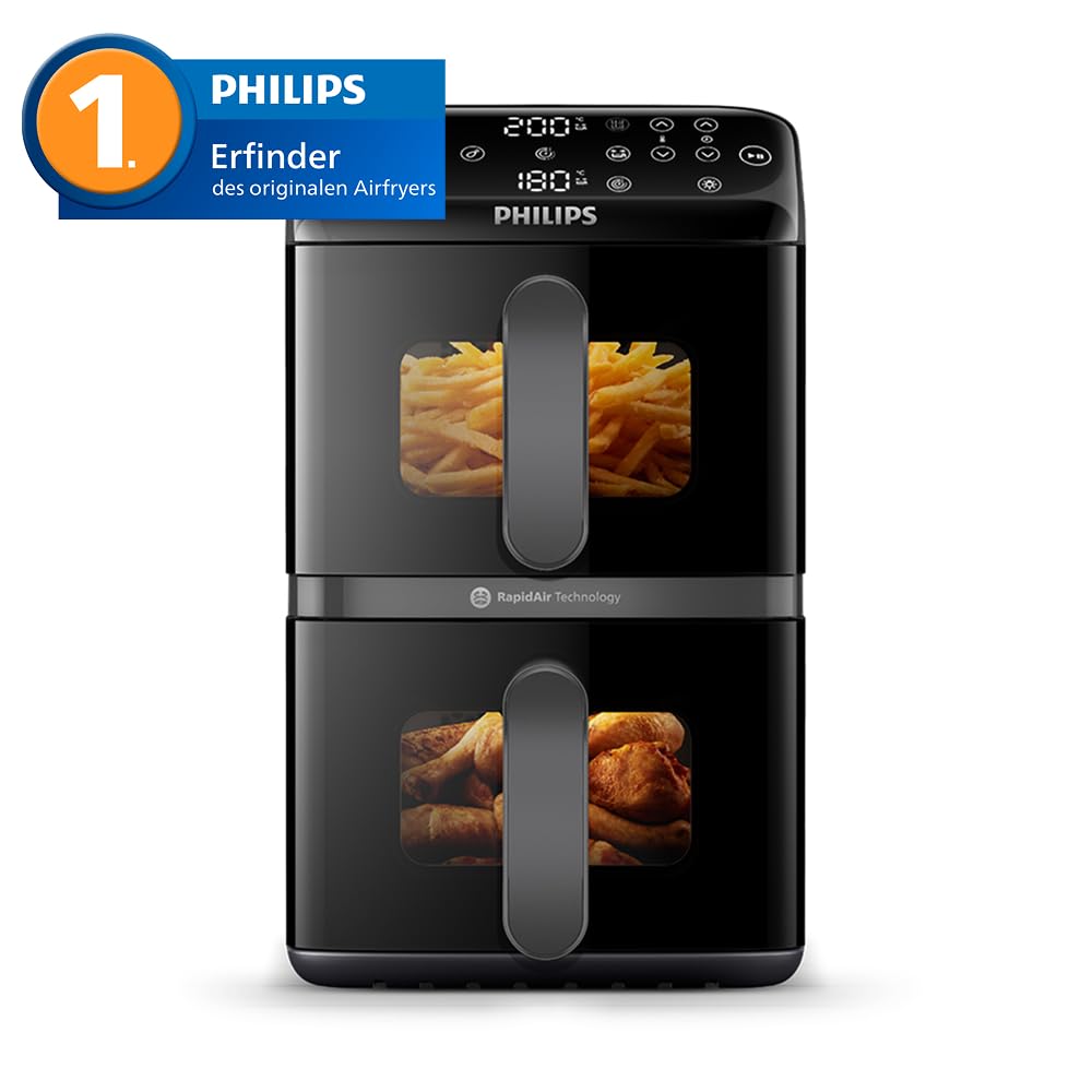 Philips Airfryer 4000 Series Stacked Dual Basket, Gestapelte Heißluftfritteuse 2 Kammern, 10L, RapidAir Technologie, 45% weniger Platzbedarf, PFAS-freie Keramikbeschichtung, Sichtfenster (NA460/00) 2