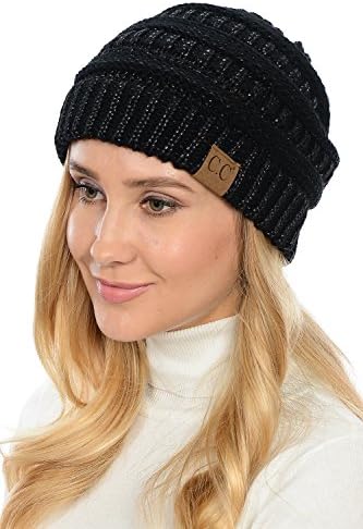 Yourstyle USA Trendy Warm Chunky Soft Stretch Cable Knit Slouchy Beanie (One Size, Black/Metallic Silver)