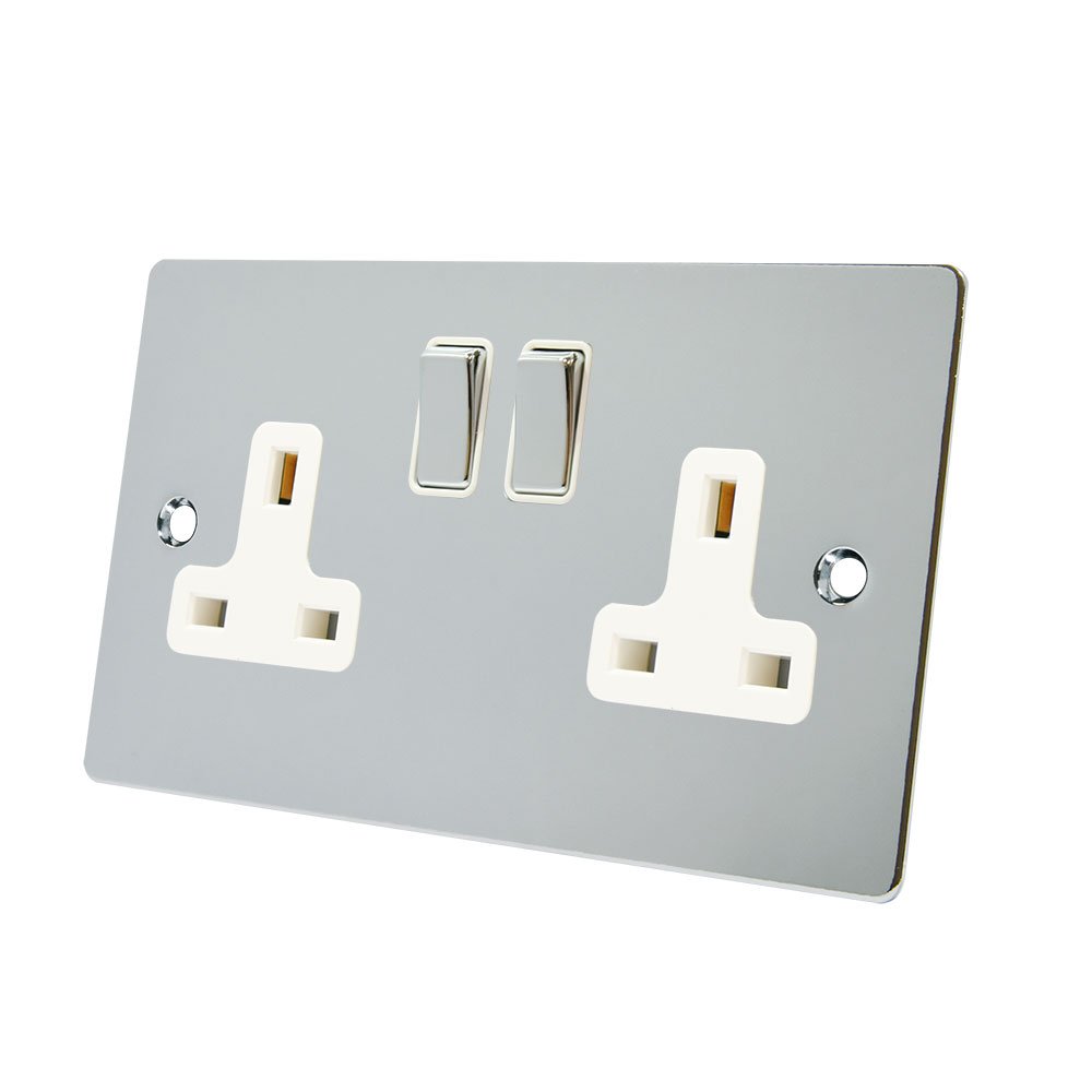 Alliance Electrical FPC2GSOCWC Polished Chrome Flat 2 Gang White Insert Metal Rocker Switches-13 Amp Double Plug Socket, 250 V
