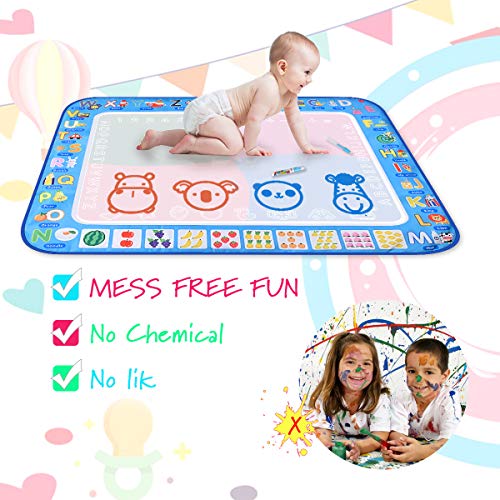Water Doodle Mat,Extra Large Kid Magic Aqua Drawing Pad,Painting Board with 3 Pens,1 Magic Brush Accessories,Educational Toys Gifts for Boys Girls Toddlers 2 3 4 5 6 7 + Year Old Size 38.5"X 29.5"