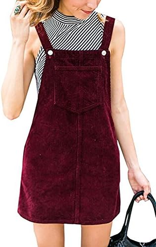 Womens Corduroy Suspender Skirt Mini Bib Overall Pinafore Dress with Pocket