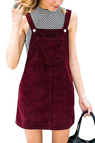Womens Corduroy Suspender Skirt Mini Bib Overall Pinafore Dress with Pocket