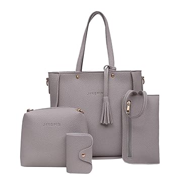 Deloito Mode Damen Vier Stücke Handtasche Schultertaschen Tragetasche Umhängetasche Brieftaschen (Grau)