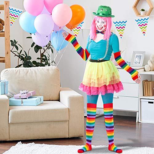 BigOtters Rainbow Socks, 3PCS Colorful Striped Costume Set Knee High Socks Arm Warmer Fingerless Gloves and Bow Tie for Boys Girls Halloween Cosplay Xmas Dress-up Party Favor