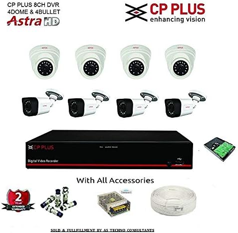 CP Plus HD 8 Channel DVR with 2.4 MP 4 Dome & 4 Bullet Cameras + 2 TB Surveillance HDD +shield protection (3+1) Cable 90 Mtr + 8 CH Power Supply + BNC & DC Full Combo Kit