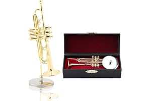 TISSTING 5.1×1.6in (13×4cm) Miniature Trumpet Model, Gold Plated Mini Saxophone Ornament Replica with Stand & Gift Box - Perfect for Christmas, Birthday Gifts, Home Decor, Music Lover