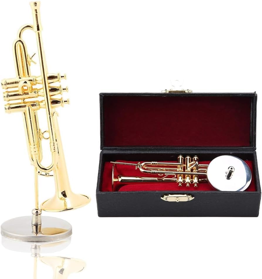 Photo 1 of 5.1×1.6in (13×4cm) Miniature Trumpet Model, Gold Plated Mini Saxophone Ornament Replica with Stand & Gift Box - Perfect for Christmas, Birthday Gifts, Home Decor, Music Lover