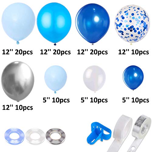 Balloon Garland Arch Kit, 110Pcs Baby Blue, Royal Blue, Sky Blue, Confetti and Silver Metallic Balloons for Birthday, Engagement, Wedding, Boy Baby Shower, Picnic or Any Party Decorations.