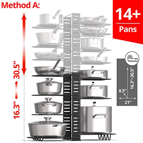 vdomus - organizador de rejilla extensible para ollas con 4 métodos de bricolaje, longitud ajustable y máxima extensión a 31 pulgadas, soporte para sartenes de 13+, soporte para tapa de olla de despensa de armario de cocina de metal negro