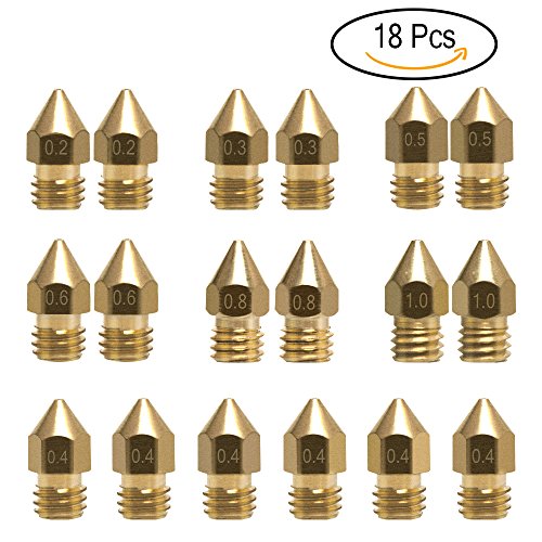 18 Pcs MK8 Extruder Nozzle M6 3D Printer Extruder Brass Nozzle Print Head with 7 Different Sizes (0.2mm, 0.3mm, 0.4mm, 0.5mm, 0.6mm, 0.8mm, 1.0mm ) for 1.75MM MK8 Makerbot, Anet A8 and CR-10 Printer