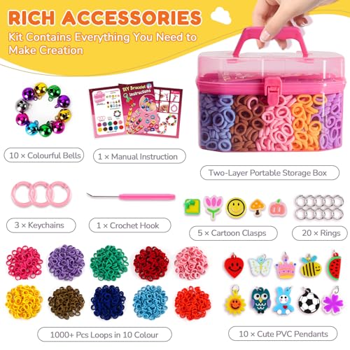 FunzBo 1000pcs Rubber Bracelet Making Kit for Girls, Colorful Elastic Bands for Creating Jewelry and Bracelets, Creative DIY Set, Original Birthday Gift for Children +6 Years