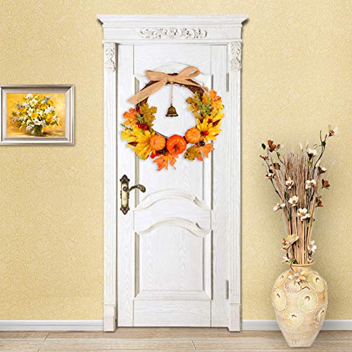 FUTUREPLUSX Wreath Autumn Harvest Maple Leaf, Artificial Pumpkin Maple Leaves Berries Fall Christmas Thanksgiving Harvest Wreath with Bell
