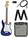 Squier by Fender Short Scale Stratocaster - Transparent Blue Bundle with Frontman 10G Amp, Cable, Tuner, Strap, Picks, Fender Play Online Lessons, and Austin Bazaar Instructional DVD