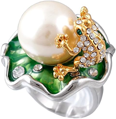 Lotus Leaf Frog Ring 16MM Simulated Pearl Jewelry Rhinestone Statement Rings for Women