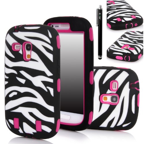 Galaxy S3 MINI Case, E LV Samsung Galaxy S3 MINI Case - Shock-Absorption / High Impact Resistant Hybrid Dual Layer Armor Defender Full Body Protective Case Cover (Hard Plastic with Soft Silicon) for Galaxy S3 Mini i8190 with 1 Black Stylus and 1 Microfiber Sticker Digital Cleaner (Samsung Galaxy S3 Mini, Zebra Hot Pink)