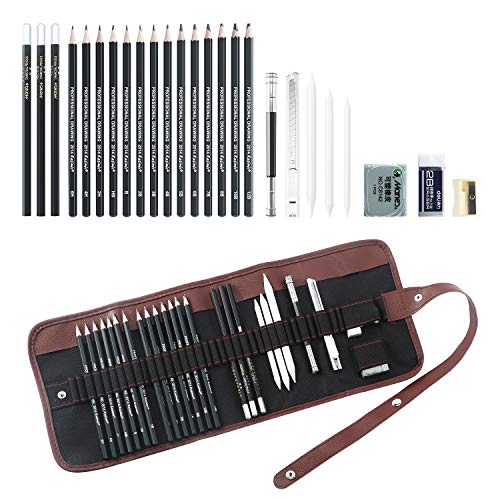 Ensemble de Crayons de Croquis, 24pcs Crayon à Dessin Graphite pour Artiste Adulte Enfant inclus 12B 10B 8B 7B 6B 5B 4B 3B 2B B HB 2H 4H 6H, Crayons au Fusain, sac à Crayons en Toile et Accessoires