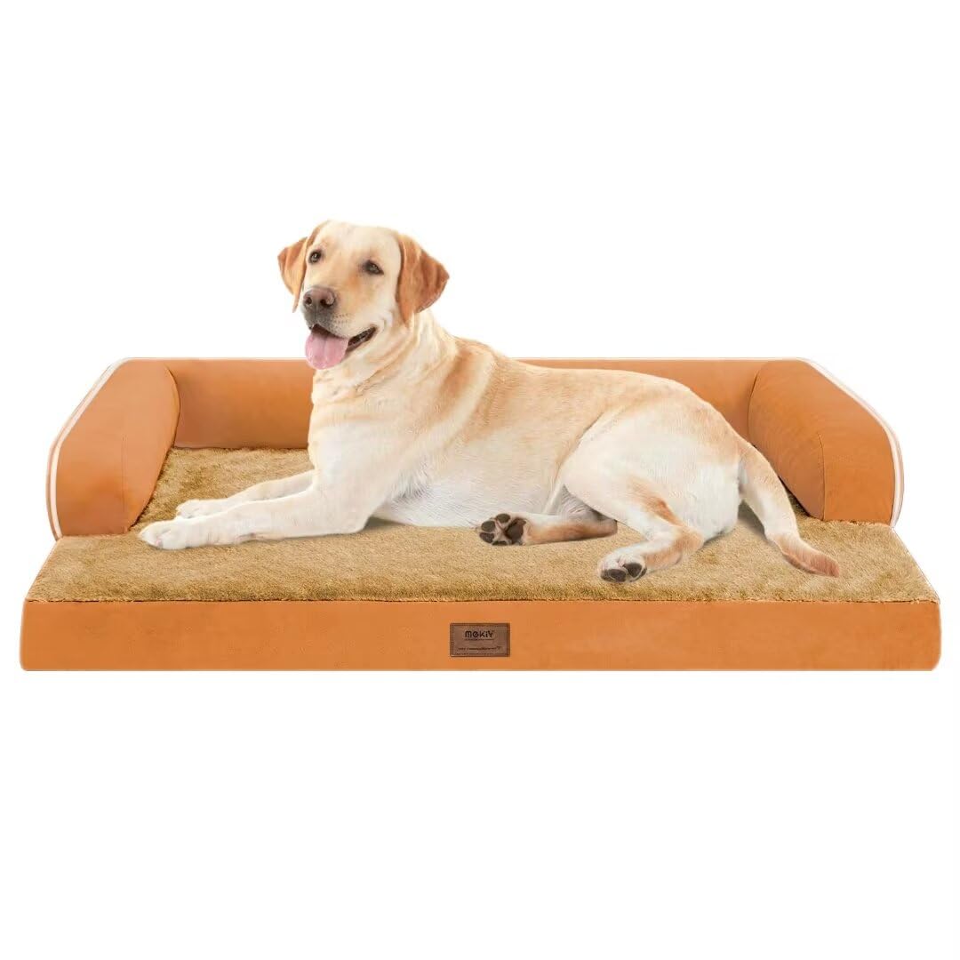 Large Dog Bed Orthopedic Washable, Dog Beds for Large Dogs, Washable Cover Removable Bolster and Non-Slip Bottom Jumbo Orthopedic Orange Dogs Beds, XXLarge Extra Large Pets Image