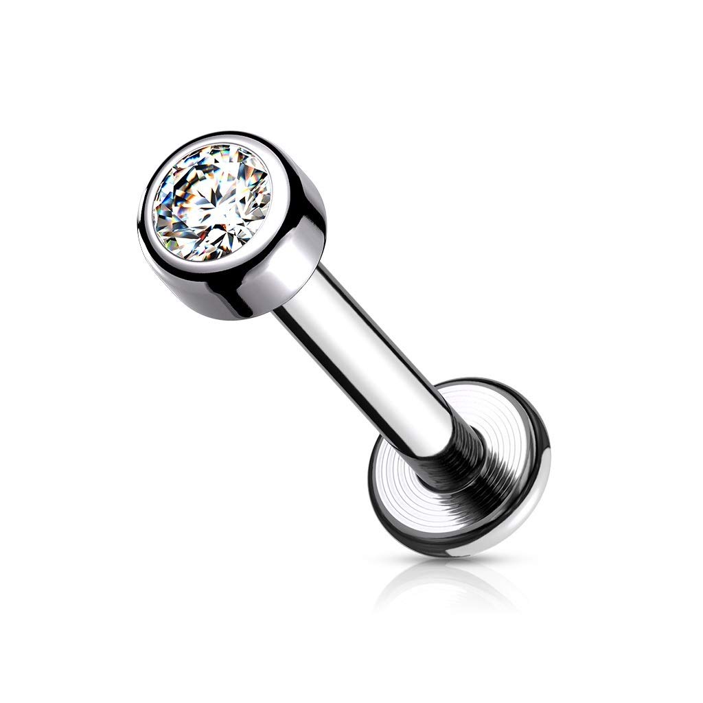 PiercedOff Titanium Labret with Internally Threaded Bezel Set Round Clear CZ Gem - Thickness 16GA (1.2mm) / Length 8mm / Ball Size 3mm