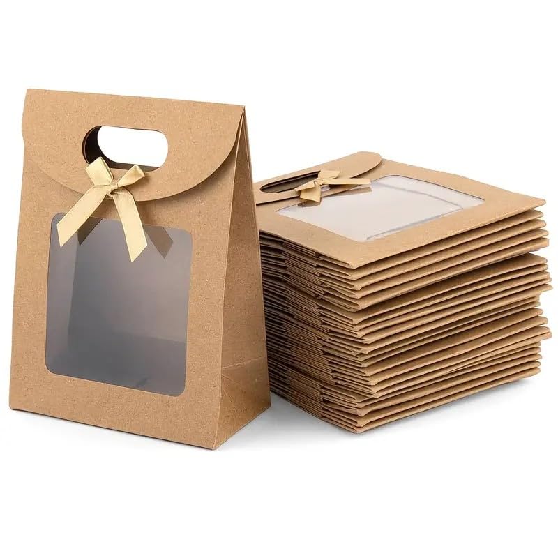 Emartbuy Large Kraft Gift Bags with Clear Window & Ribbon Handle – Size 2 (26 × 19 × 9 cm) | Pack of 12 | Luxury Brown Paper Bags for Bakery Packaging, Corporate & Festive Gifting